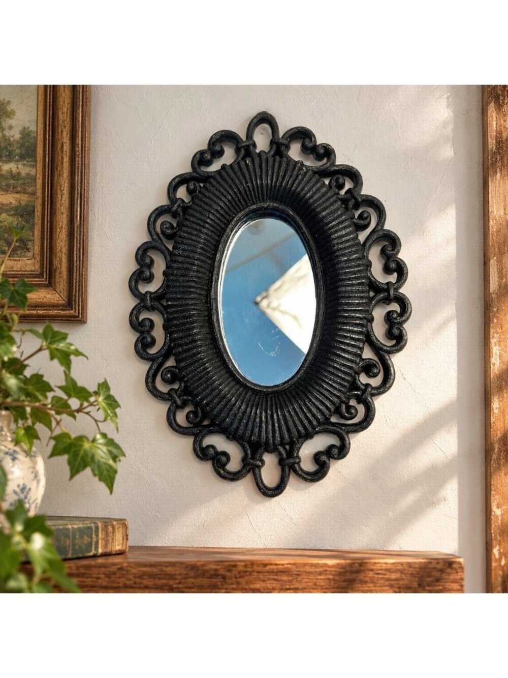 Vintage Homco Black Oval Mirror Ornate Scrollwork Baroque Gothic Halloween Decor